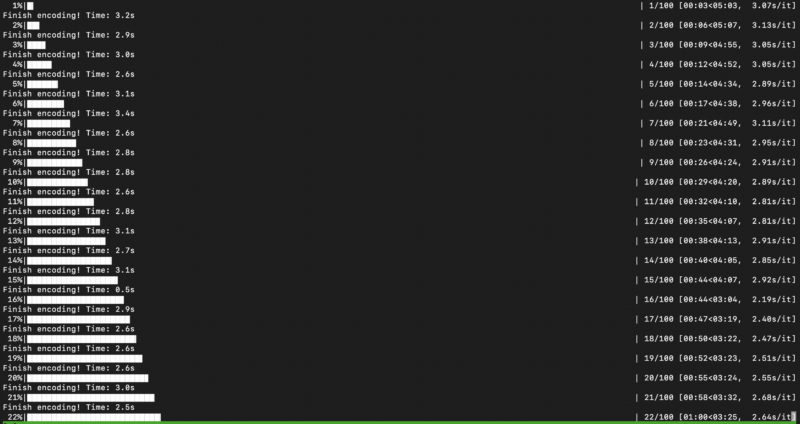A terminal window showing a progress bar for an encoding process, moving in increments of 1% up to 22%. Each step logs the message